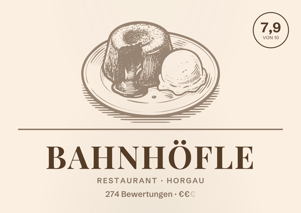 Illustriertes Poster von Bahnhöfle, Restaurant in Horgau: Bewertung 7,9 von 10 aus 274 Bewertungen, Preisniveau €€