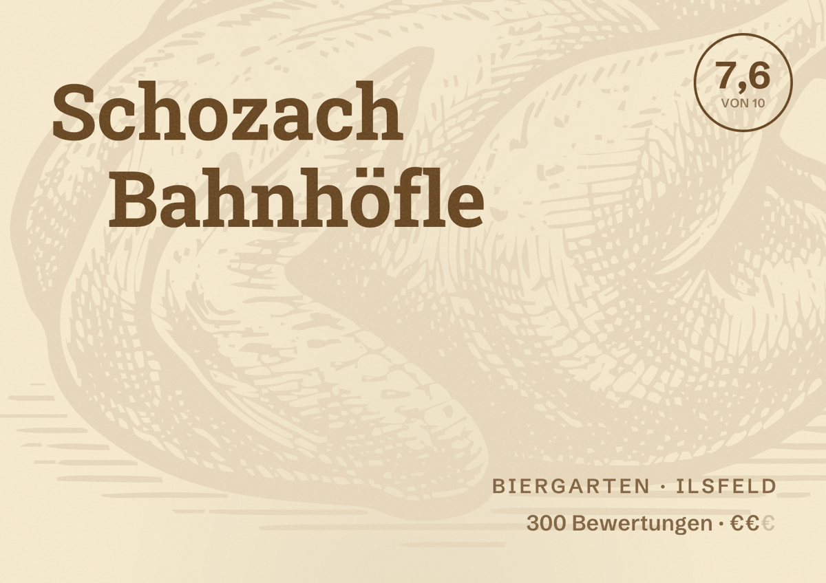 Illustriertes Poster von Schozach Bahnhöfle, Biergarten in Ilsfeld: Bewertung 7,6 von 10 aus 300 Bewertungen, Preisniveau €€