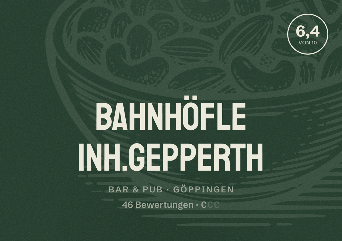 Illustriertes Poster von Bahnhöfle Inh.Gepperth, Bar & Pub in Göppingen: Bewertung 6,4 von 10 aus 46 Bewertungen, Preisniveau €