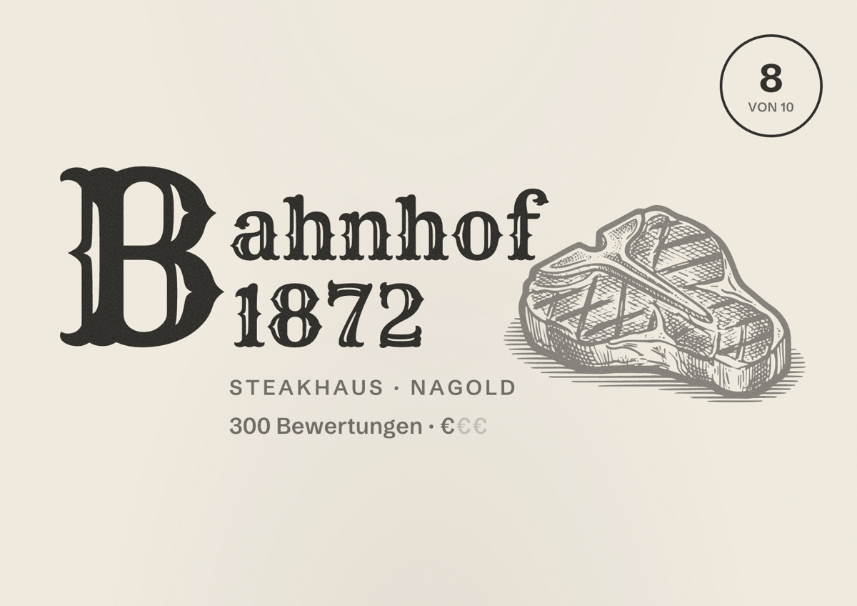 Illustriertes Poster von Bahnhof 1872, Steakhaus in Nagold: Bewertung 8 von 10 aus 300 Bewertungen, Preisniveau €