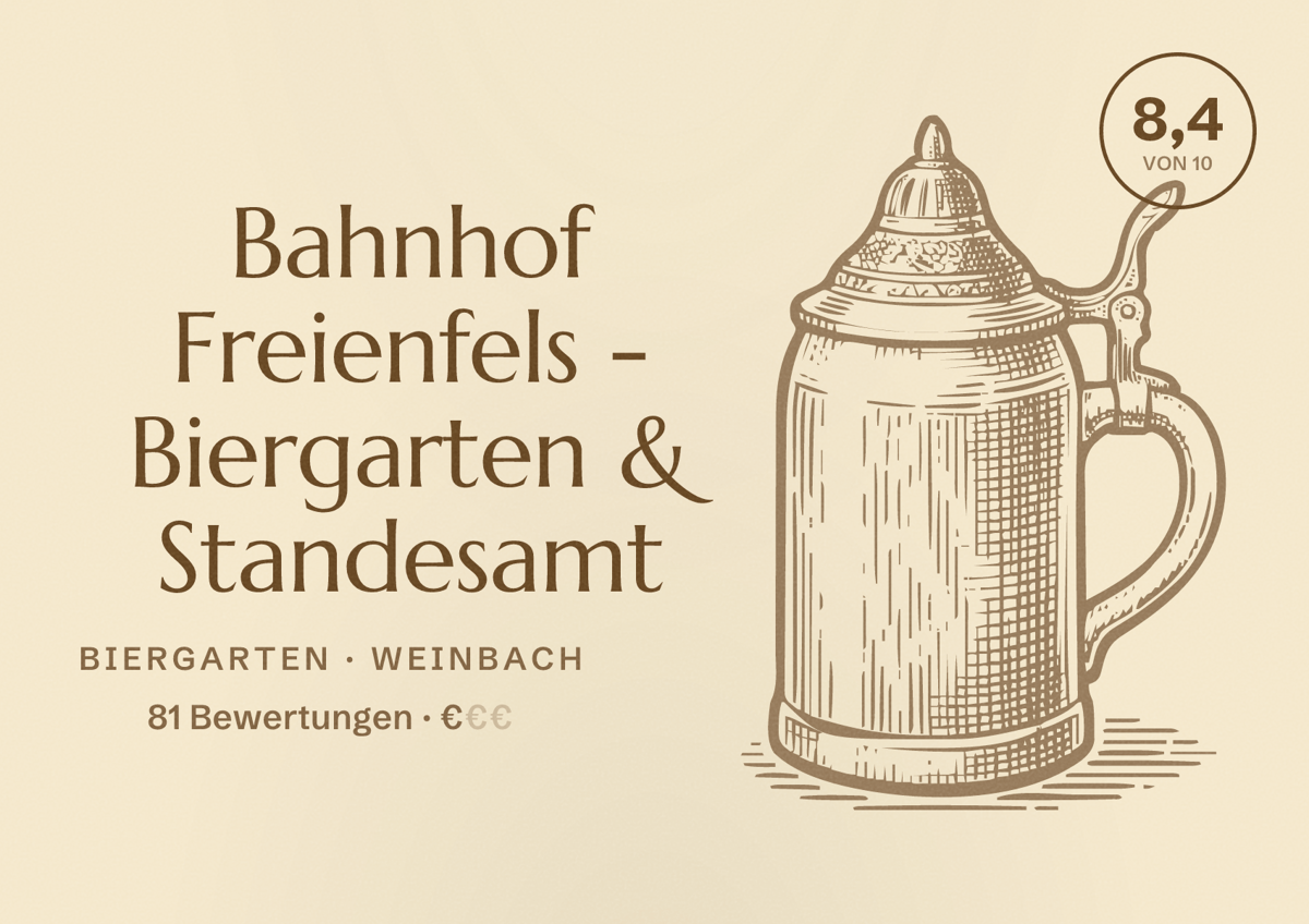 Illustriertes Poster von Bahnhof Freienfels - Biergarten & Standesamt, Biergarten in Weinbach: Bewertung 8,4 von 10 aus 81 Bewertungen, Preisniveau €