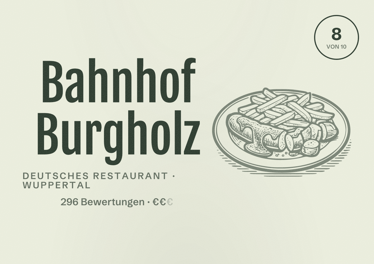Illustriertes Poster von Bahnhof Burgholz, Deutsches Restaurant in Wuppertal: Bewertung 8 von 10 aus 296 Bewertungen, Preisniveau €€