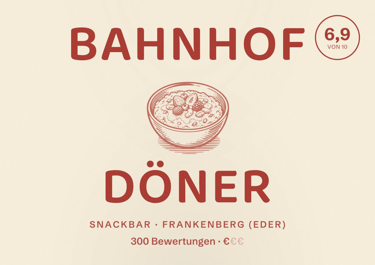 Illustriertes Poster von Bahnhof Döner, Snackbar in Frankenberg (Eder): Bewertung 6,9 von 10 aus 300 Bewertungen, Preisniveau €