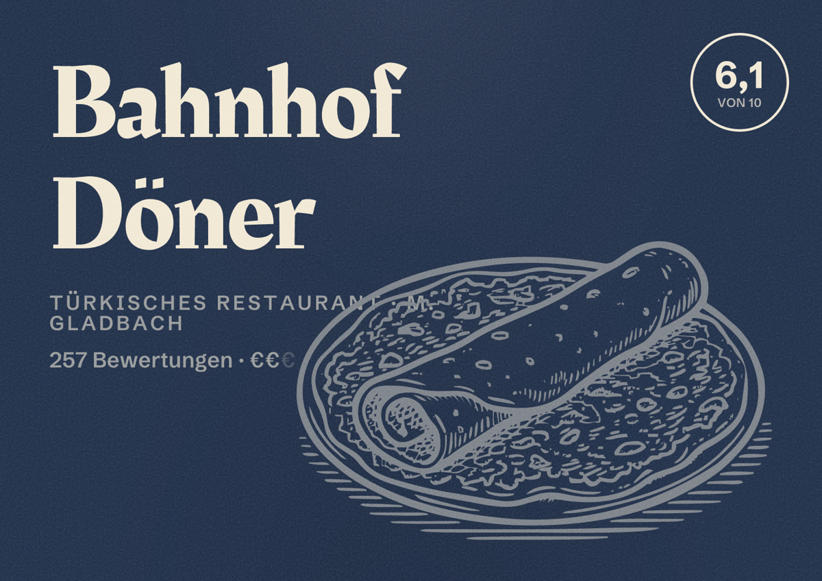 Illustriertes Poster von Bahnhof Döner, Türkisches Restaurant in M. Gladbach: Bewertung 6,1 von 10 aus 257 Bewertungen, Preisniveau €€