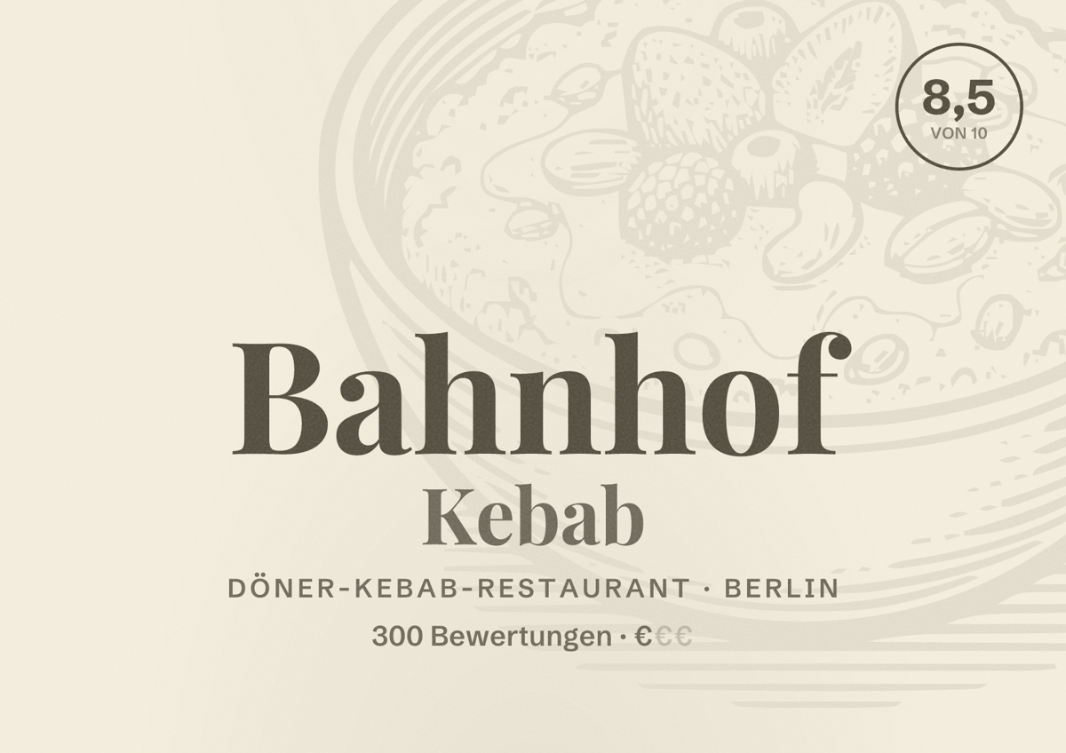 Illustriertes Poster von Bahnhof Kebab, Döner-Kebab-Restaurant in Berlin: Bewertung 8,5 von 10 aus 300 Bewertungen, Preisniveau €