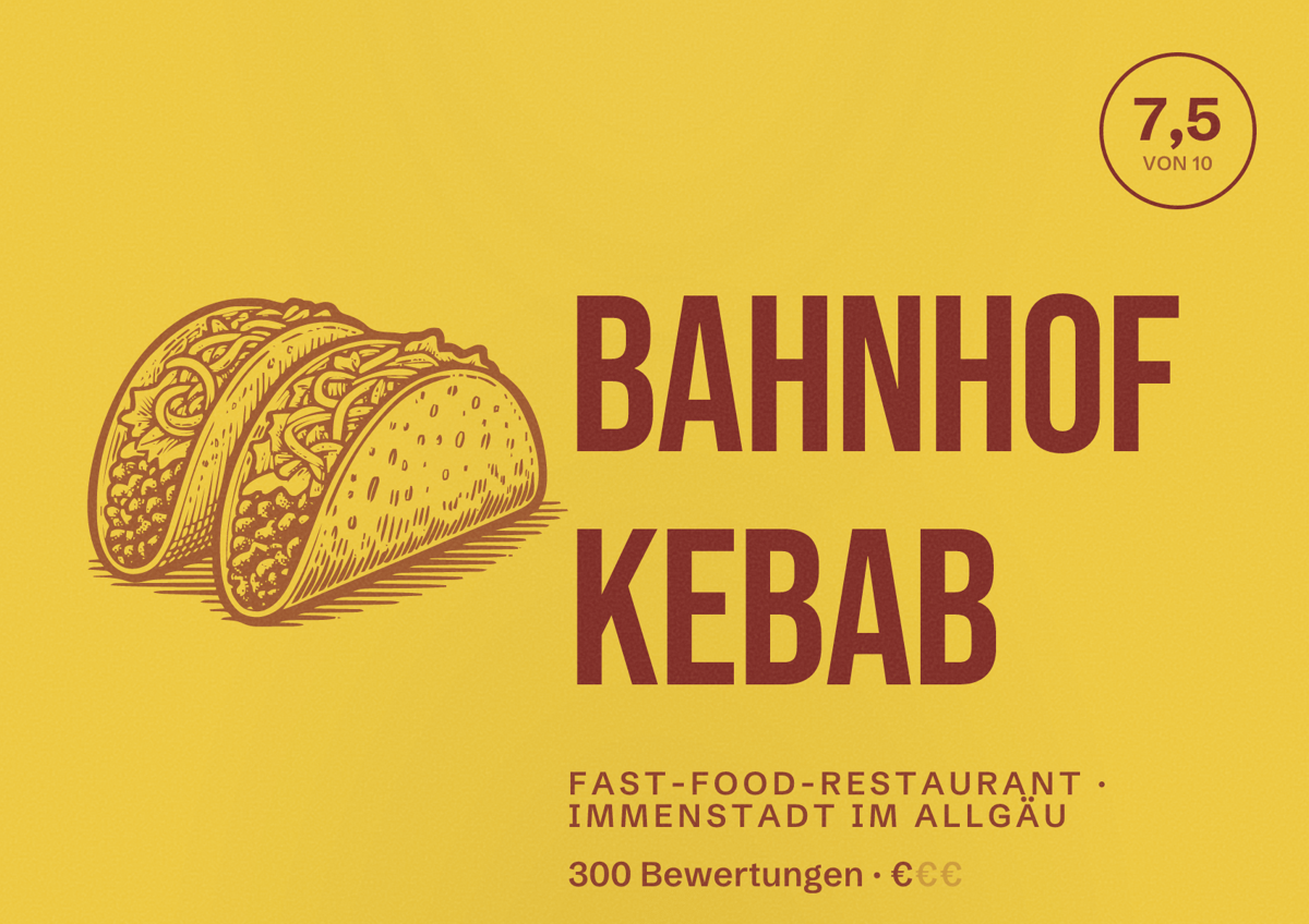 Illustriertes Poster von Bahnhof Kebab, Fast-Food-Restaurant in Immenstadt im Allgäu: Bewertung 7,5 von 10 aus 300 Bewertungen, Preisniveau €
