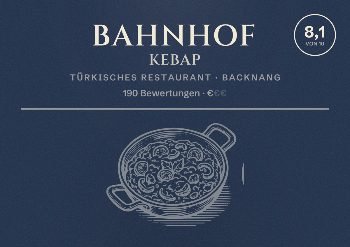 Illustriertes Poster von Bahnhof Kebap, Türkisches Restaurant in Backnang: Bewertung 8,1 von 10 aus 190 Bewertungen, Preisniveau €