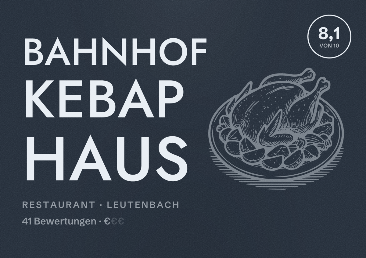 Illustriertes Poster von Bahnhof Kebap Haus, Restaurant in Leutenbach: Bewertung 8,1 von 10 aus 41 Bewertungen, Preisniveau €