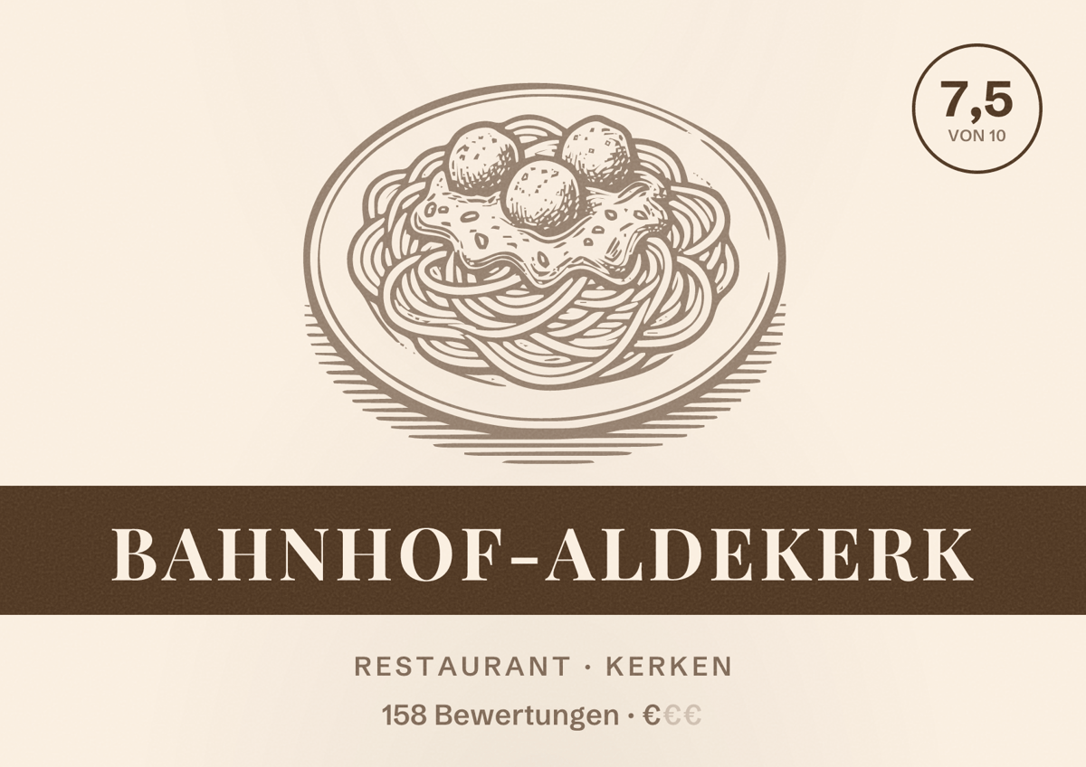Illustriertes Poster von Bahnhof-Aldekerk, Restaurant in Kerken: Bewertung 7,5 von 10 aus 158 Bewertungen, Preisniveau €