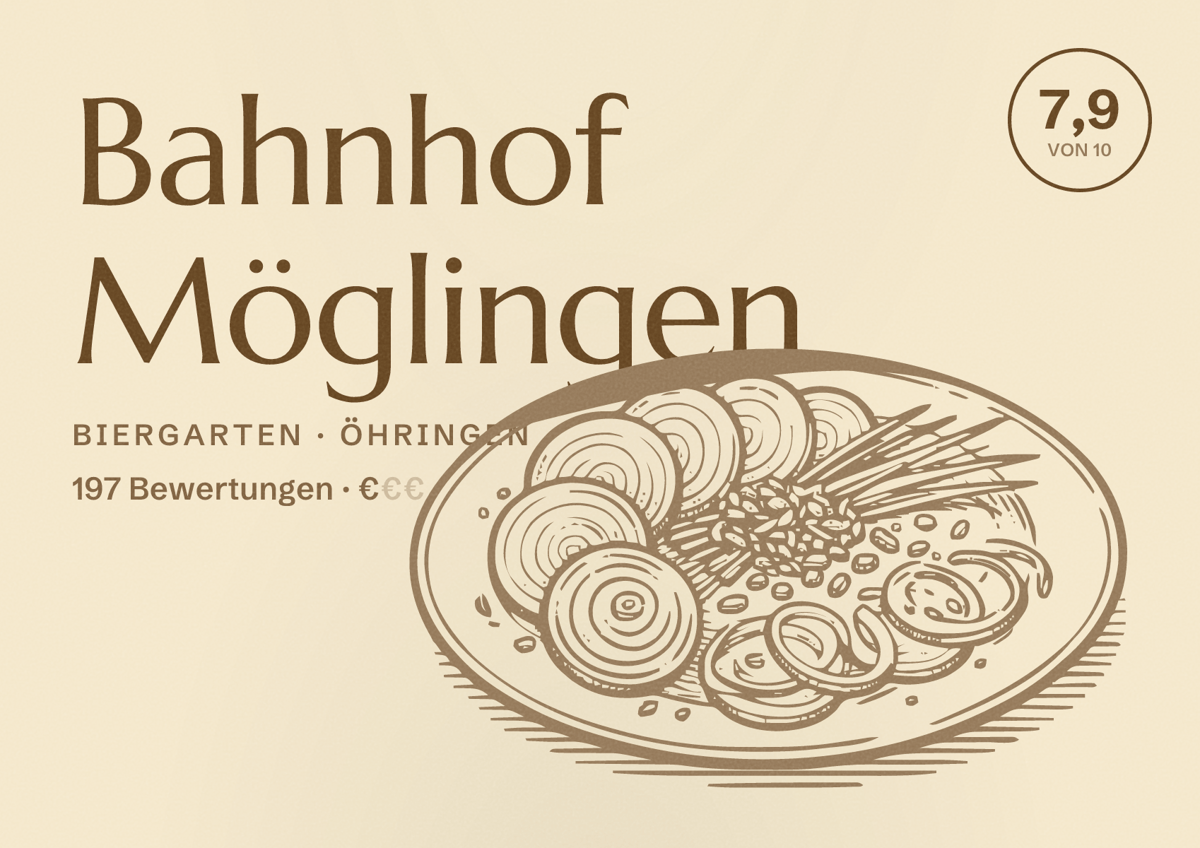 Illustriertes Poster von Bahnhof Möglingen, Biergarten in Öhringen: Bewertung 7,9 von 10 aus 197 Bewertungen, Preisniveau €