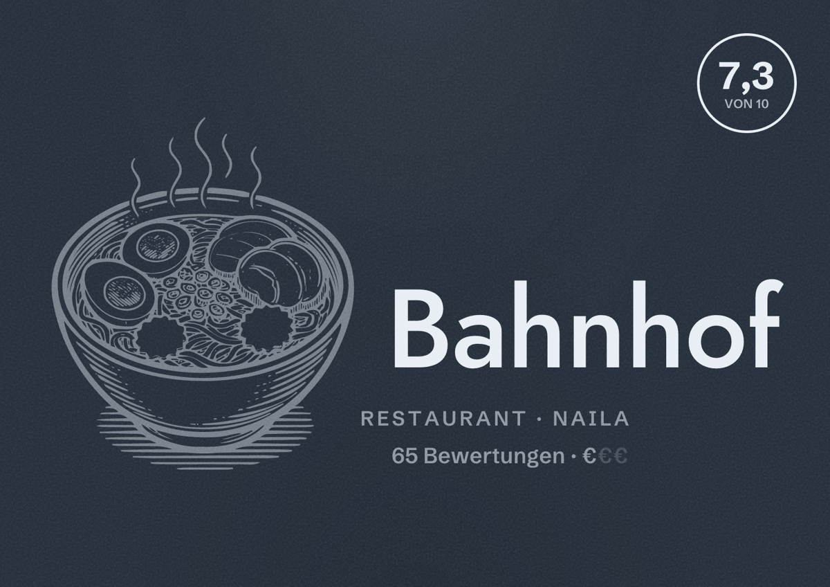Illustriertes Poster von Bahnhof, Restaurant in Naila: Bewertung 7,3 von 10 aus 65 Bewertungen, Preisniveau €