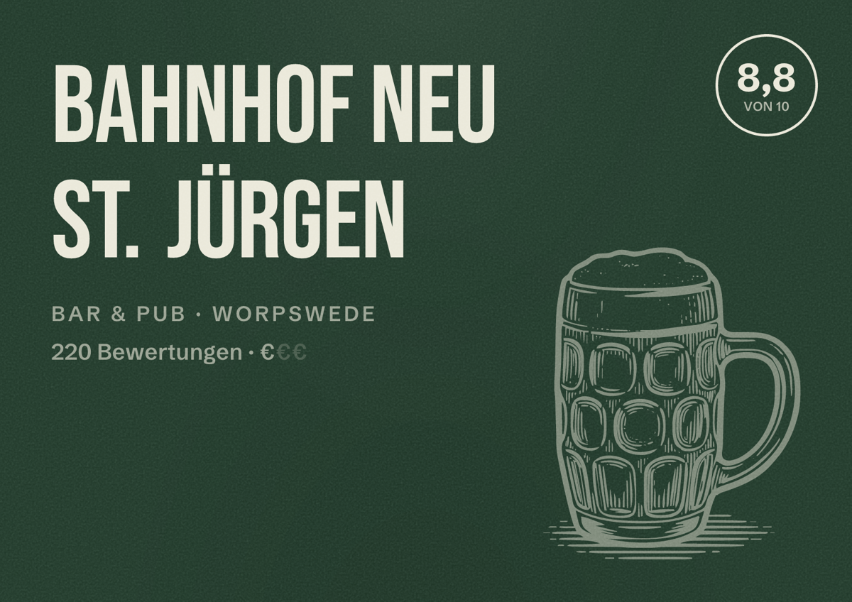 Illustriertes Poster von Bahnhof Neu St. Jürgen, Bar & Pub in Worpswede: Bewertung 8,8 von 10 aus 220 Bewertungen, Preisniveau €