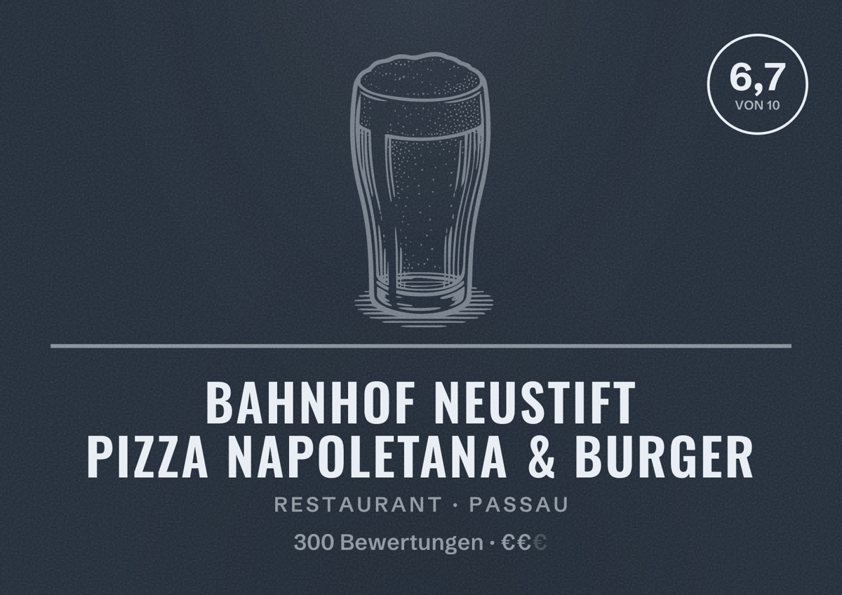 Illustriertes Poster von Bahnhof Neustift Pizza Napoletana & Burger, Restaurant in Passau: Bewertung 6,7 von 10 aus 300 Bewertungen, Preisniveau €€