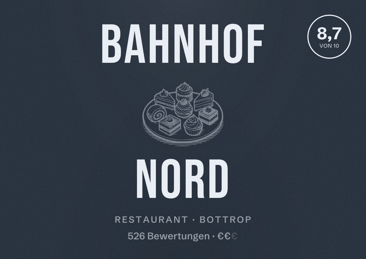 Illustriertes Poster von Bahnhof Nord, Restaurant in Bottrop: Bewertung 8,7 von 10 aus 526 Bewertungen, Preisniveau €€
