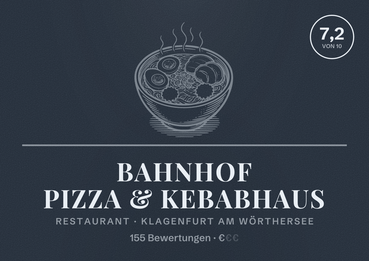 Illustriertes Poster von Bahnhof Pizza & Kebabhaus, Restaurant in Klagenfurt am Wörthersee: Bewertung 7,2 von 10 aus 155 Bewertungen, Preisniveau €