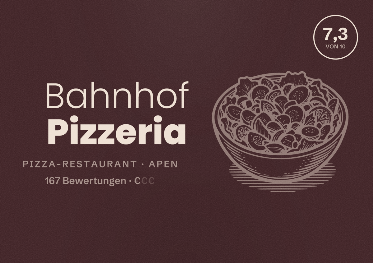 Illustriertes Poster von Bahnhof Pizzeria, Pizza-Restaurant in Apen: Bewertung 7,3 von 10 aus 167 Bewertungen, Preisniveau €