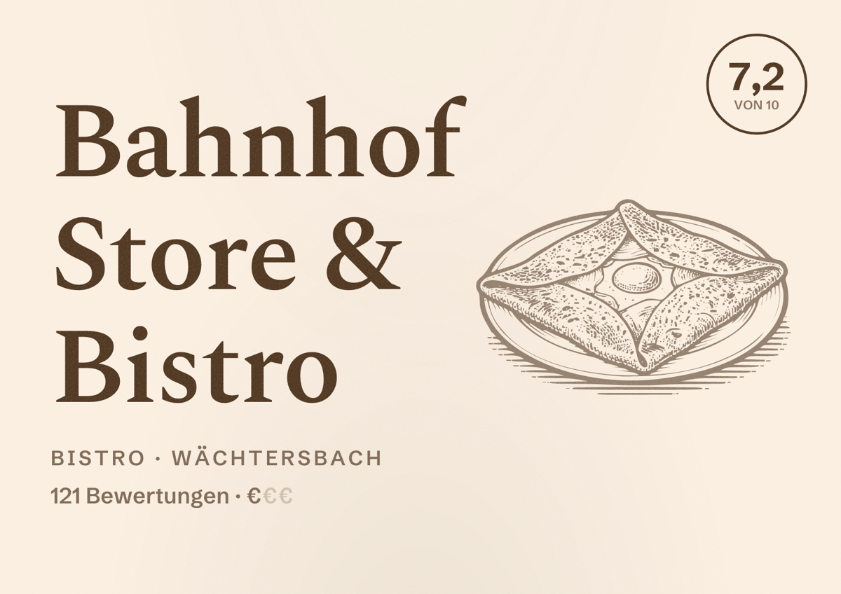 Illustriertes Poster von Bahnhof Store & Bistro, Bistro in Wächtersbach: Bewertung 7,2 von 10 aus 121 Bewertungen, Preisniveau €