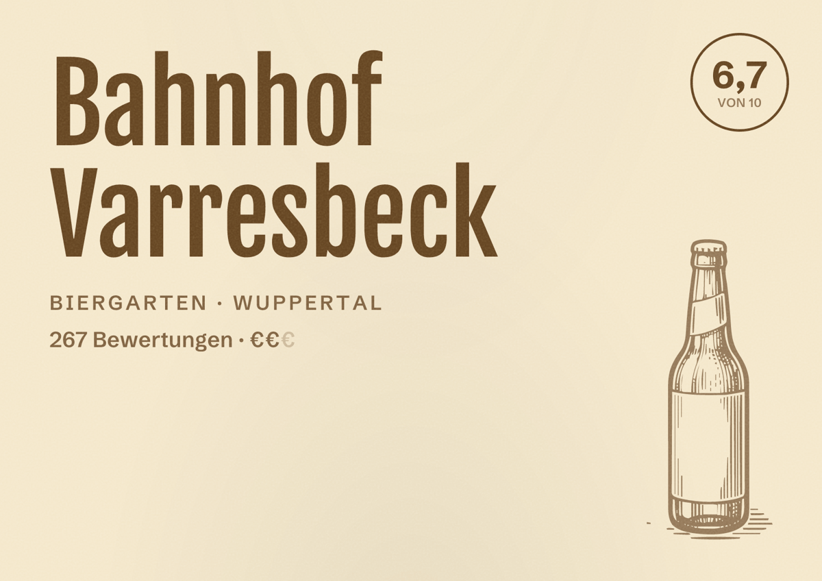 Illustriertes Poster von Bahnhof Varresbeck, Biergarten in Wuppertal: Bewertung 6,7 von 10 aus 267 Bewertungen, Preisniveau €€