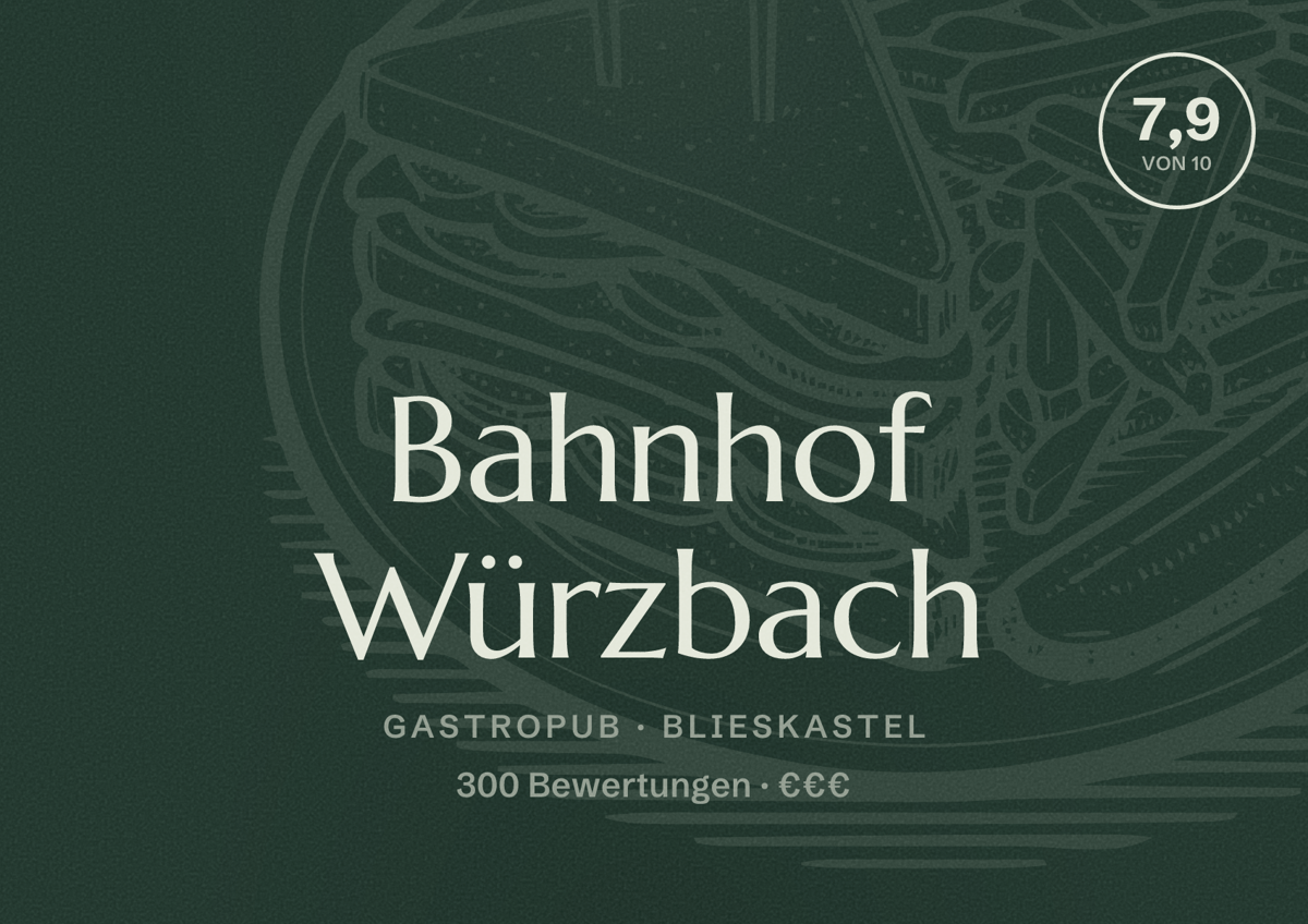 Illustriertes Poster von Bahnhof Würzbach, Gastropub in Blieskastel: Bewertung 7,9 von 10 aus 300 Bewertungen, Preisniveau €€€