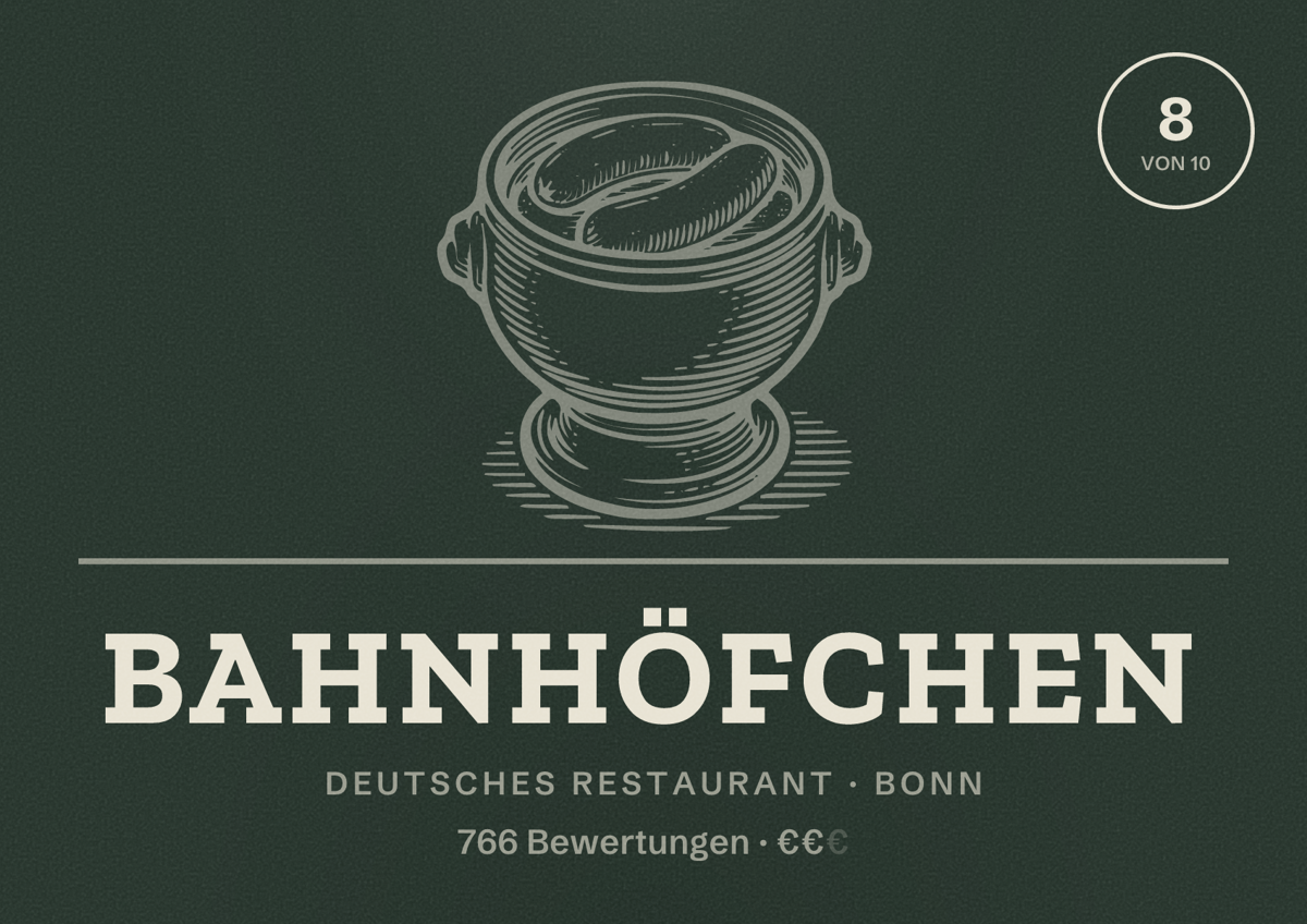 Illustriertes Poster von Bahnhöfchen, Deutsches Restaurant in Bonn: Bewertung 8 von 10 aus 766 Bewertungen, Preisniveau €€