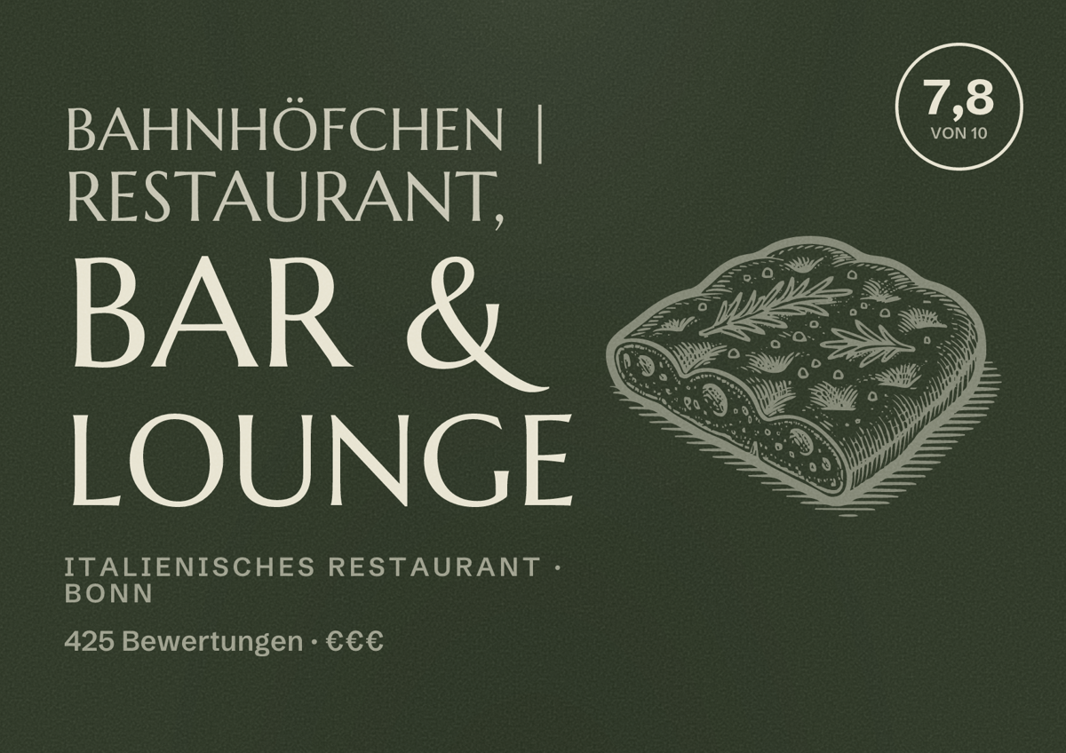Illustriertes Poster von Bahnhöfchen | Restaurant, Bar & Lounge, Italienisches Restaurant in Bonn: Bewertung 7,8 von 10 aus 425 Bewertungen, Preisniveau €€€