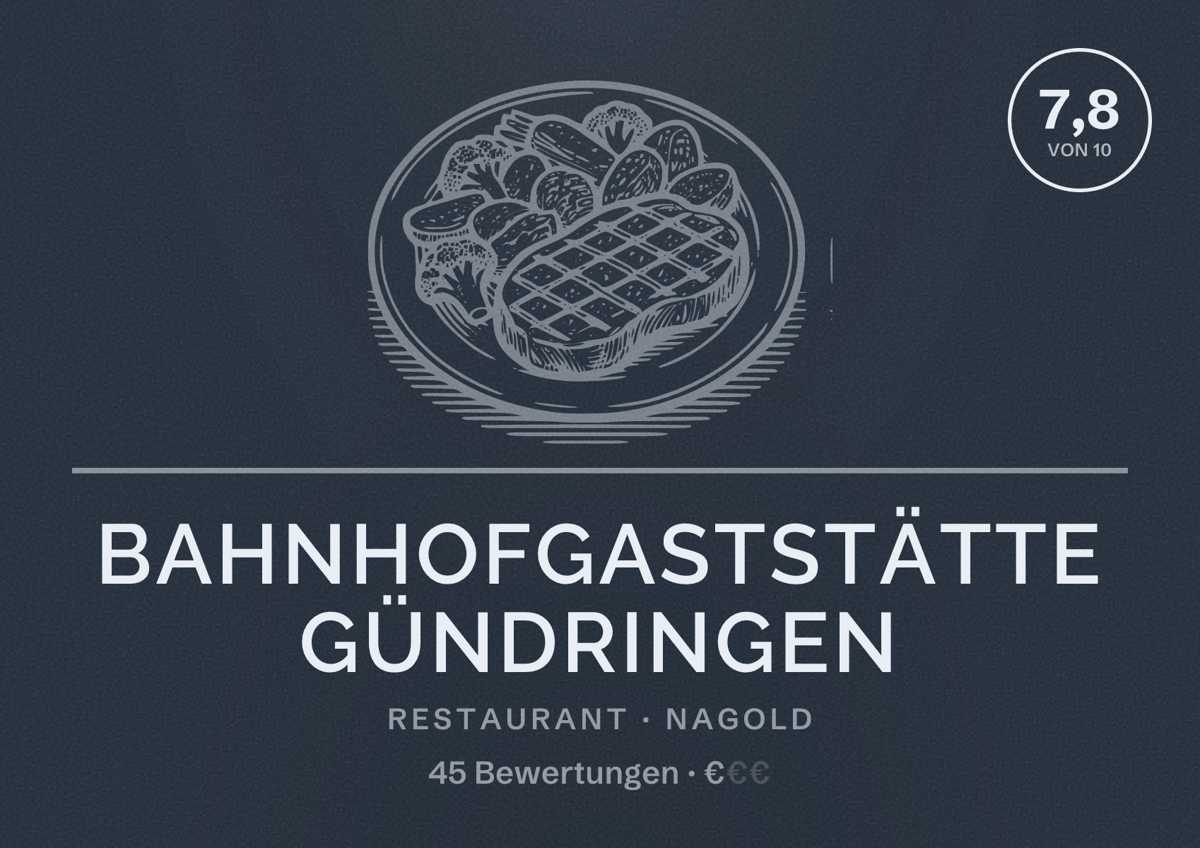 Illustriertes Poster von Bahnhofgaststätte Gündringen, Restaurant in Nagold: Bewertung 7,8 von 10 aus 45 Bewertungen, Preisniveau €