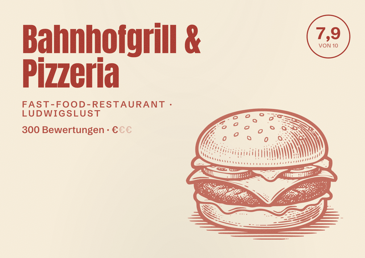 Illustriertes Poster von Bahnhofgrill & Pizzeria, Fast-Food-Restaurant in Ludwigslust: Bewertung 7,9 von 10 aus 300 Bewertungen, Preisniveau €