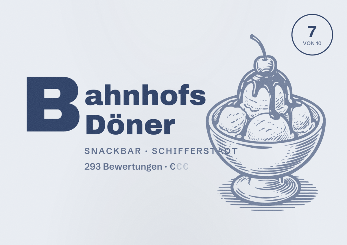 Illustriertes Poster von Bahnhofs Döner, Snackbar in Schifferstadt: Bewertung 7 von 10 aus 293 Bewertungen, Preisniveau €