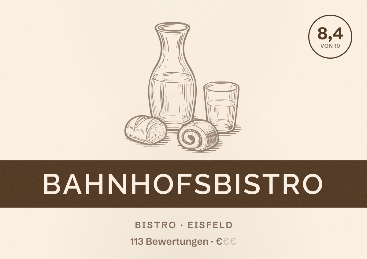 Illustriertes Poster von Bahnhofsbistro, Bistro in Eisfeld: Bewertung 8,4 von 10 aus 113 Bewertungen, Preisniveau €
