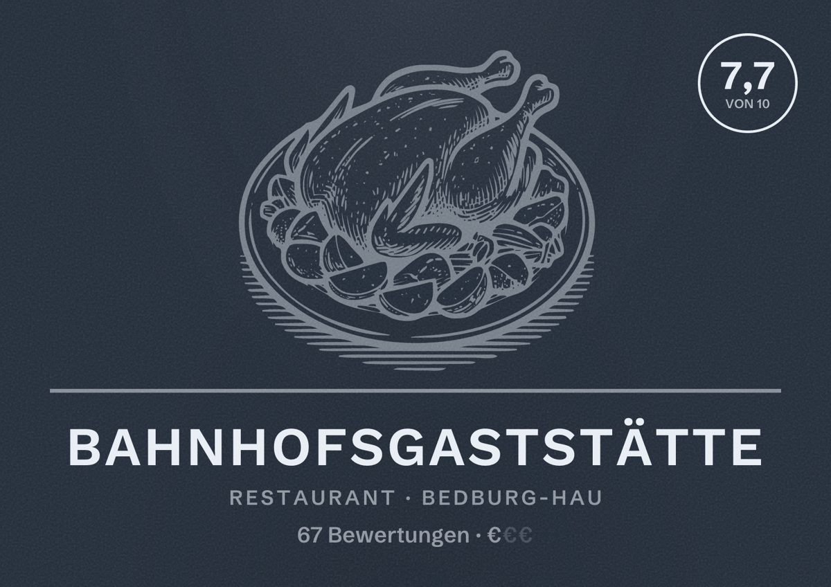 Illustriertes Poster von Bahnhofsgaststätte, Restaurant in Bedburg-Hau: Bewertung 7,7 von 10 aus 67 Bewertungen, Preisniveau €