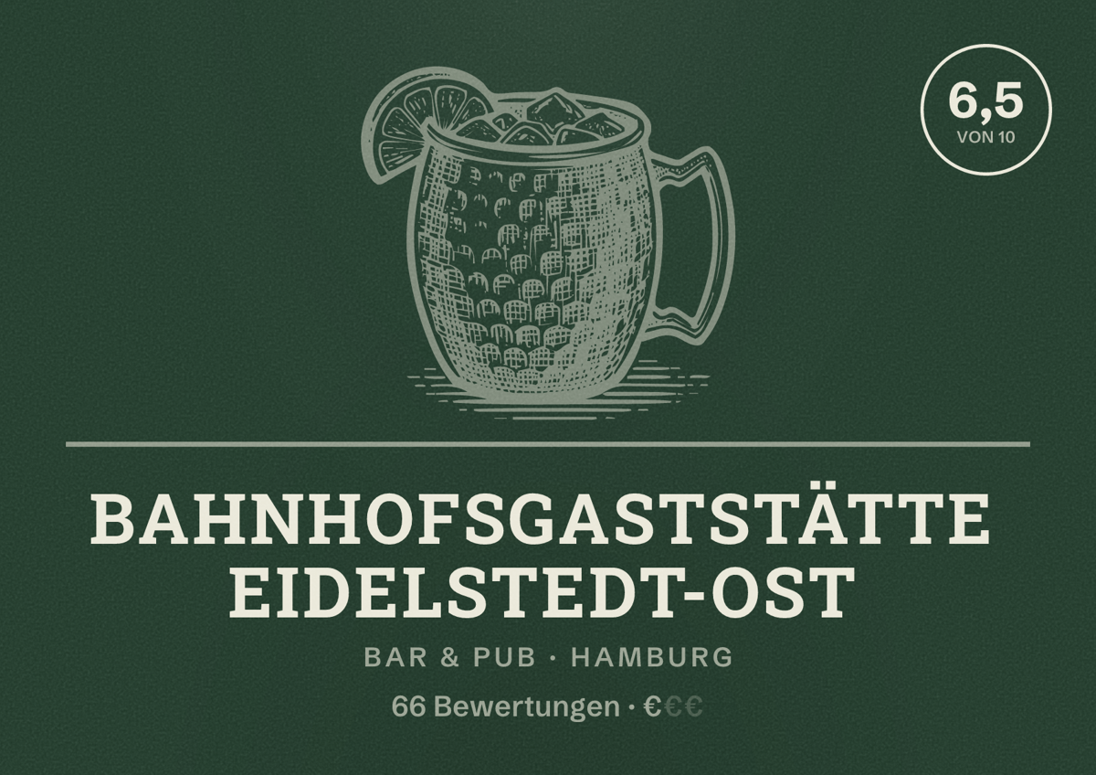 Illustriertes Poster von Bahnhofsgaststätte Eidelstedt-Ost, Bar & Pub in Hamburg: Bewertung 6,5 von 10 aus 66 Bewertungen, Preisniveau €