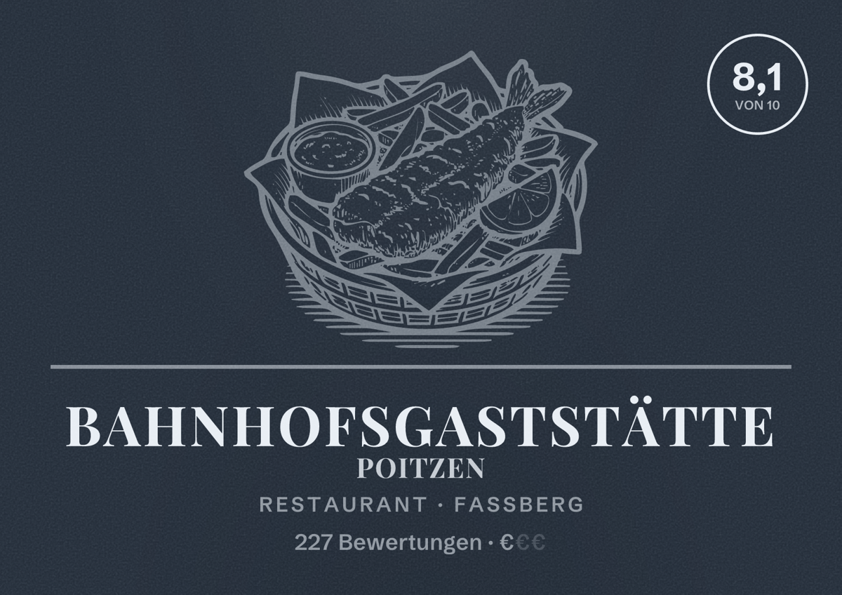 Illustriertes Poster von Bahnhofsgaststätte Poitzen, Restaurant in Faßberg: Bewertung 8,1 von 10 aus 227 Bewertungen, Preisniveau €