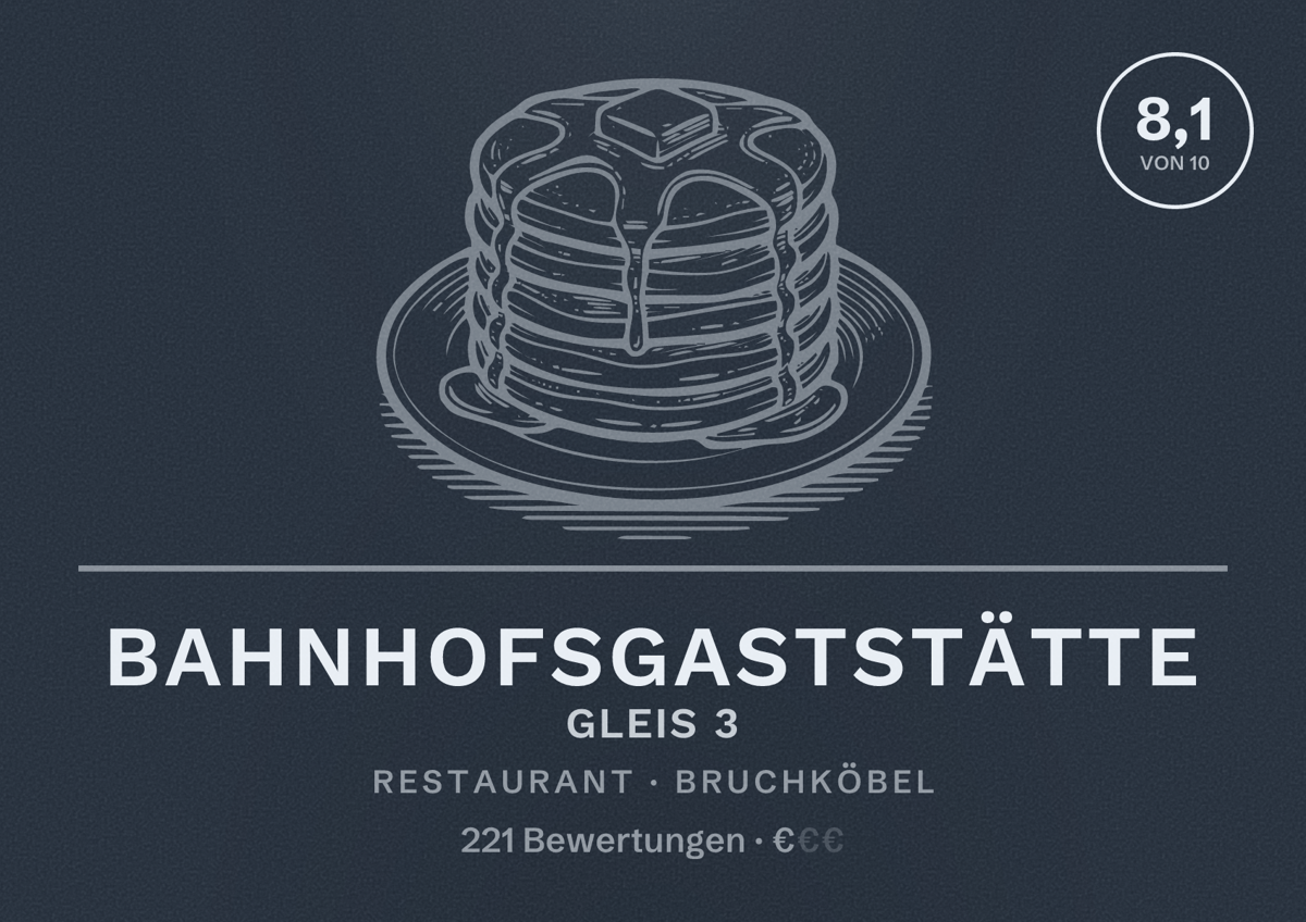 Illustriertes Poster von Bahnhofsgaststätte Gleis 3, Restaurant in Bruchköbel: Bewertung 8,1 von 10 aus 221 Bewertungen, Preisniveau €