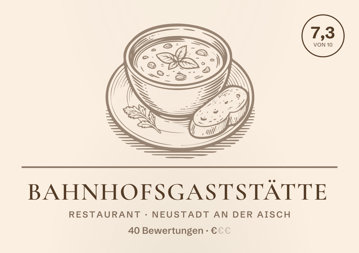 Illustriertes Poster von Bahnhofsgaststätte, Restaurant in Neustadt an der Aisch: Bewertung 7,3 von 10 aus 40 Bewertungen, Preisniveau €