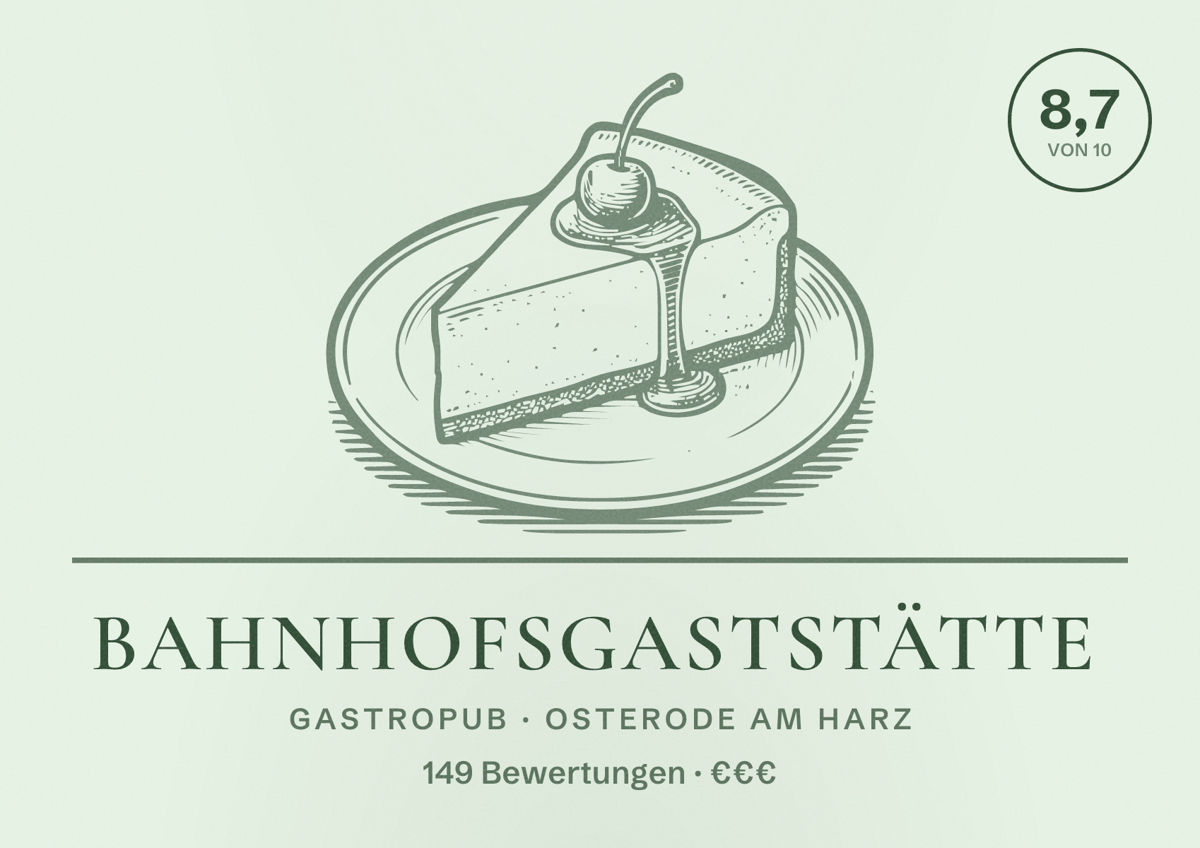 Illustriertes Poster von Bahnhofsgaststätte, Gastropub in Osterode am Harz: Bewertung 8,7 von 10 aus 149 Bewertungen, Preisniveau €€€