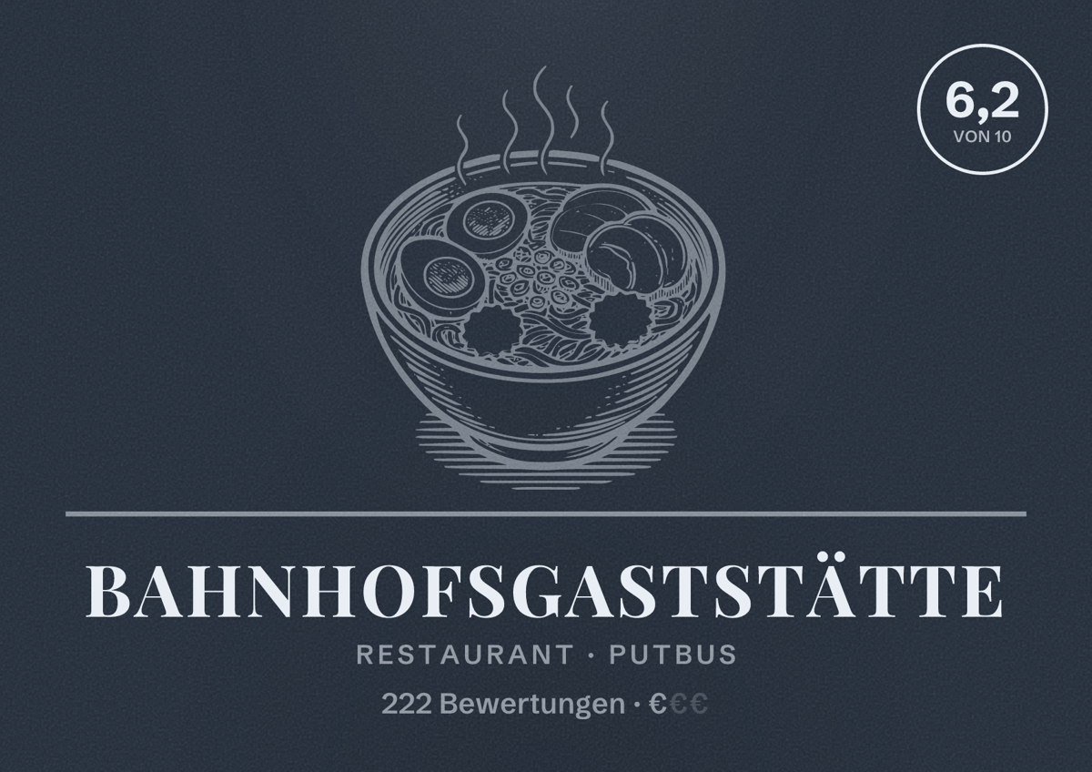 Illustriertes Poster von Bahnhofsgaststätte, Restaurant in Putbus: Bewertung 6,2 von 10 aus 222 Bewertungen, Preisniveau €