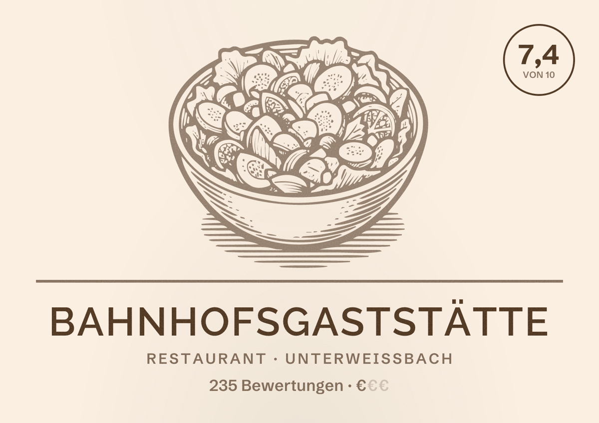 Illustriertes Poster von Bahnhofsgaststätte, Restaurant in Unterweißbach: Bewertung 7,4 von 10 aus 235 Bewertungen, Preisniveau €