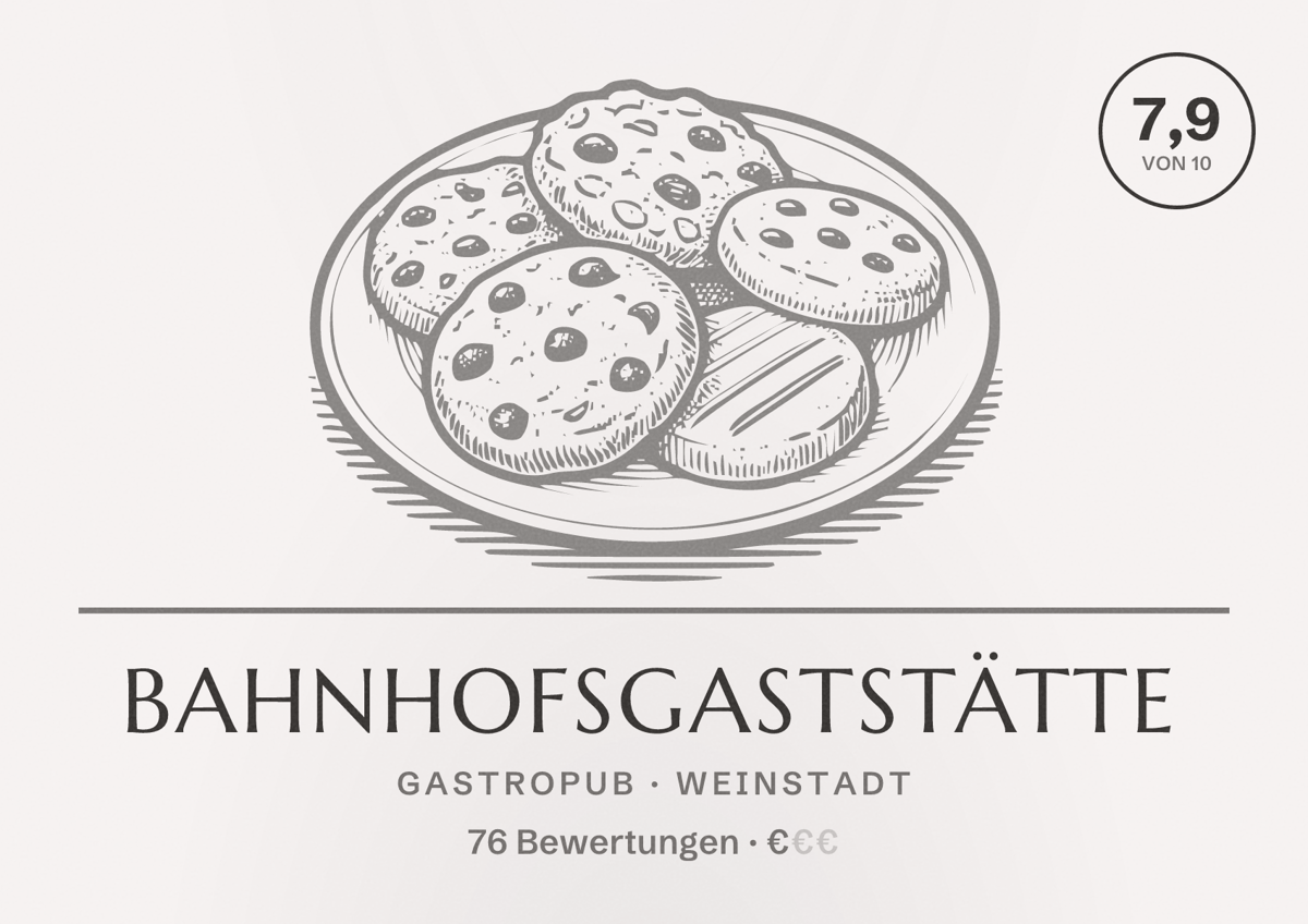 Illustriertes Poster von Bahnhofsgaststätte, Gastropub in Weinstadt: Bewertung 7,9 von 10 aus 76 Bewertungen, Preisniveau €