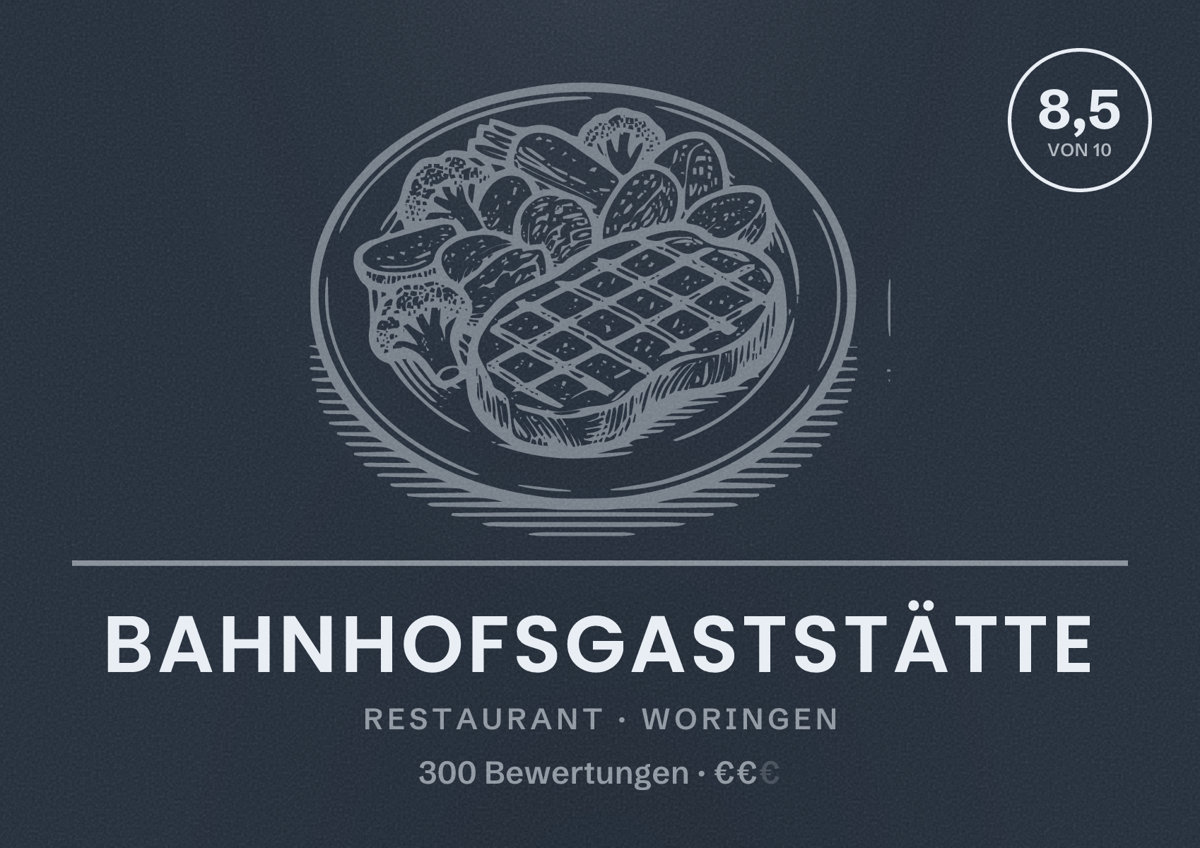 Illustriertes Poster von Bahnhofsgaststätte, Restaurant in Woringen: Bewertung 8,5 von 10 aus 300 Bewertungen, Preisniveau €€
