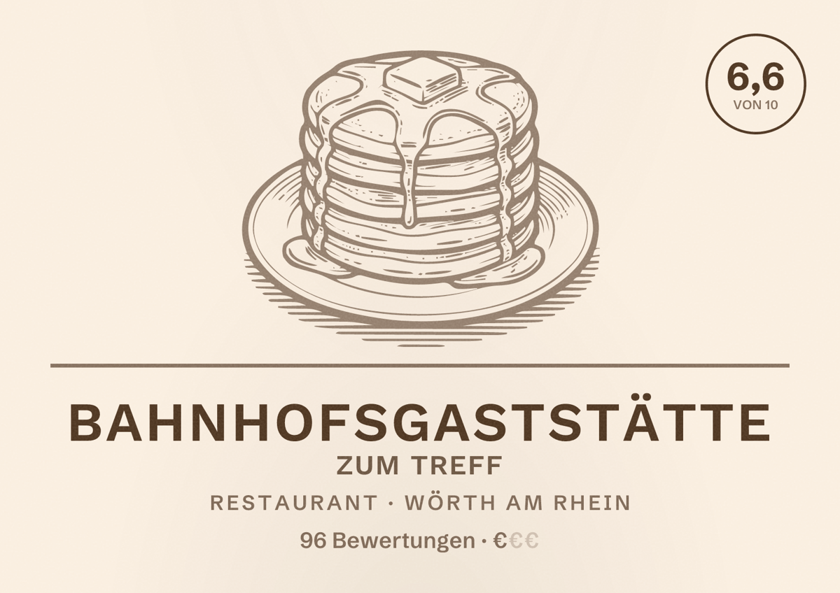 Illustriertes Poster von Bahnhofsgaststätte Zum Treff, Restaurant in Wörth am Rhein: Bewertung 6,6 von 10 aus 96 Bewertungen, Preisniveau €
