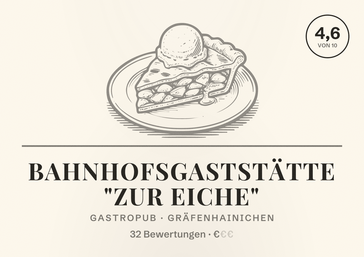 Illustriertes Poster von Bahnhofsgaststätte "zur Eiche", Gastropub in Gräfenhainichen: Bewertung 4,6 von 10 aus 32 Bewertungen, Preisniveau €