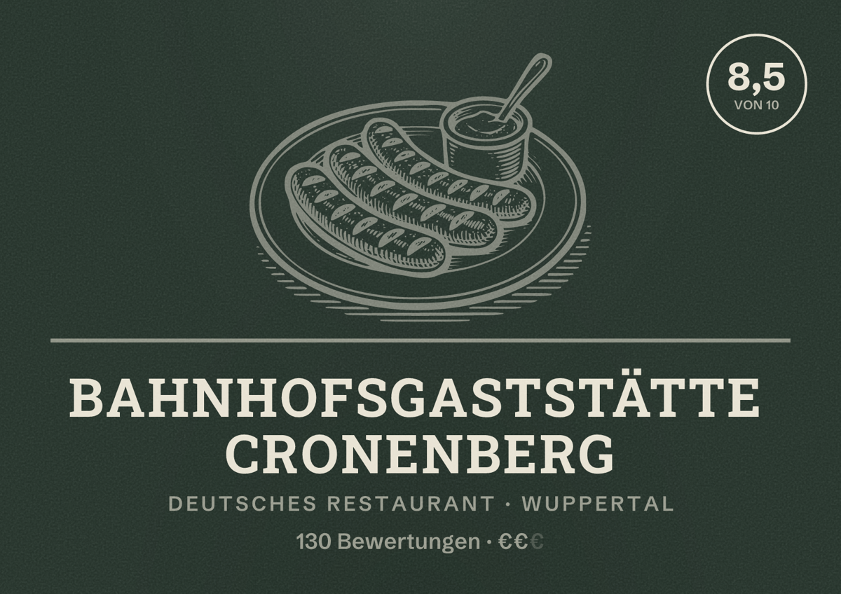 Illustriertes Poster von Bahnhofsgaststätte Cronenberg, Deutsches Restaurant in Wuppertal: Bewertung 8,5 von 10 aus 130 Bewertungen, Preisniveau €€