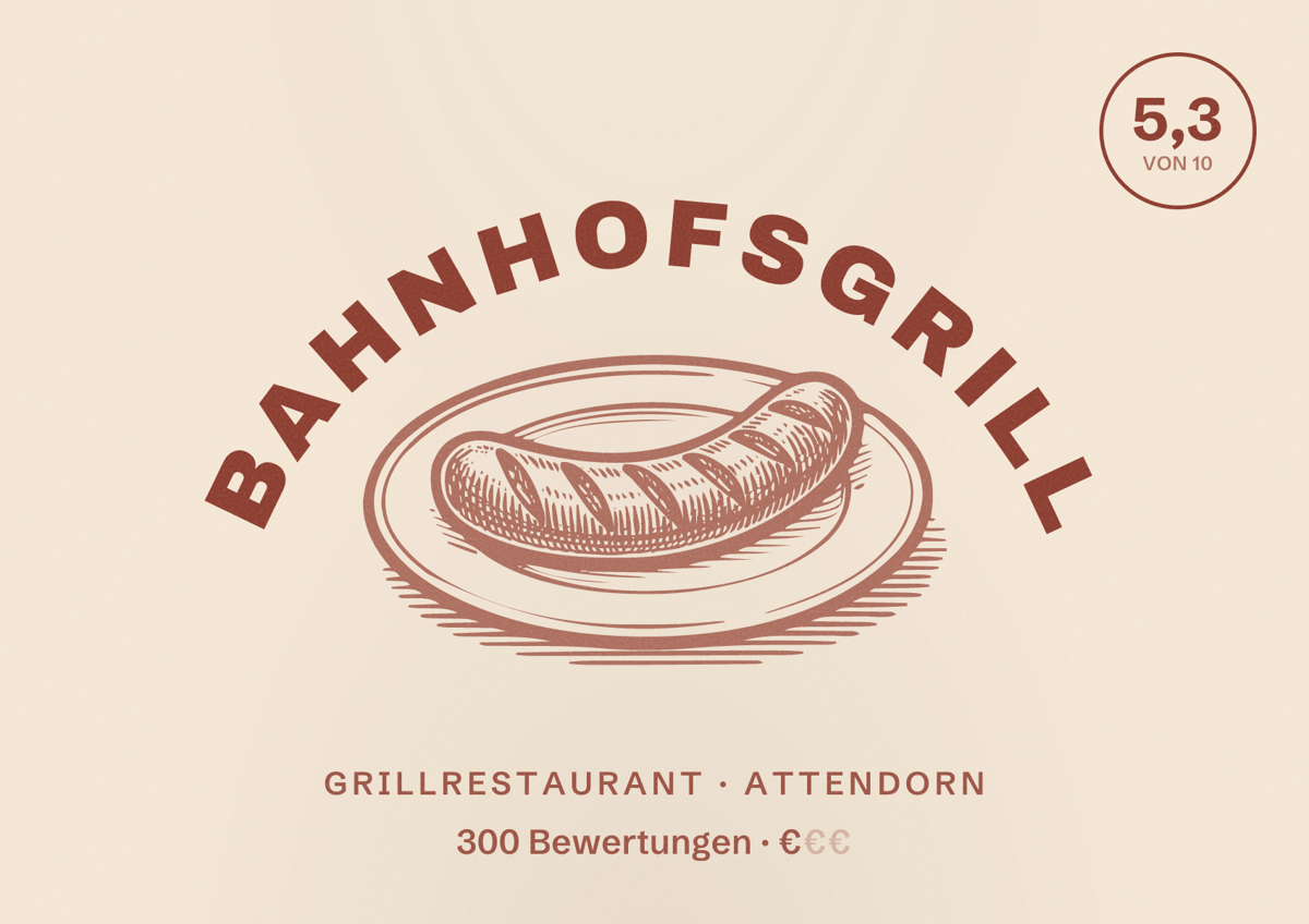 Illustriertes Poster von Bahnhofsgrill, Grillrestaurant in Attendorn: Bewertung 5,3 von 10 aus 300 Bewertungen, Preisniveau €