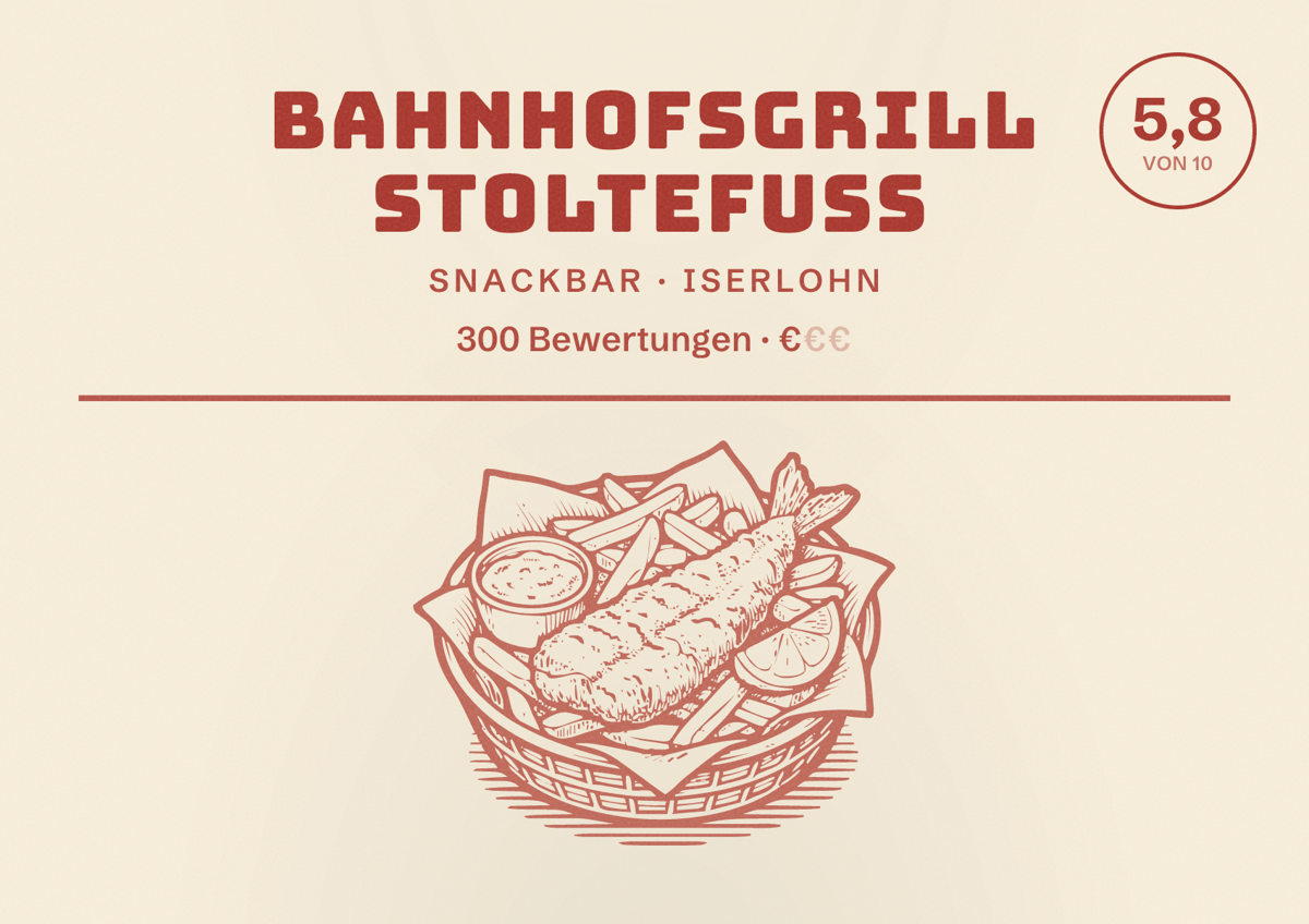 Illustriertes Poster von Bahnhofsgrill Stoltefuß, Snackbar in Iserlohn: Bewertung 5,8 von 10 aus 300 Bewertungen, Preisniveau €