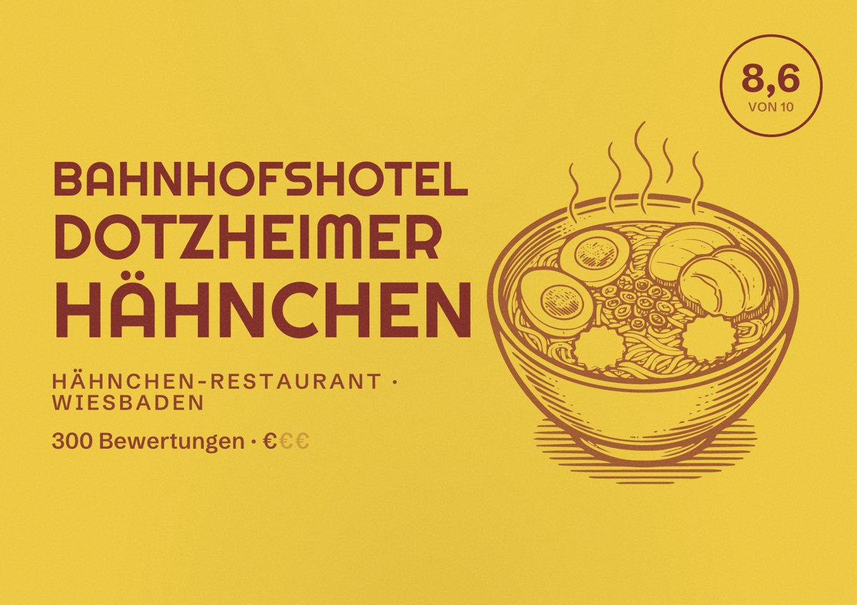 Illustriertes Poster von Bahnhofshotel Dotzheimer Hähnchen, Hähnchen-Restaurant in Wiesbaden: Bewertung 8,6 von 10 aus 300 Bewertungen, Preisniveau €