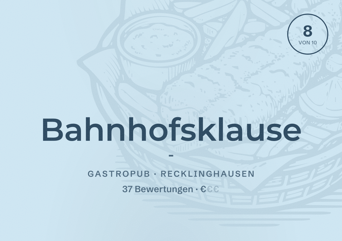 Illustriertes Poster von Bahnhofsklause -, Gastropub in Recklinghausen: Bewertung 8 von 10 aus 37 Bewertungen, Preisniveau €