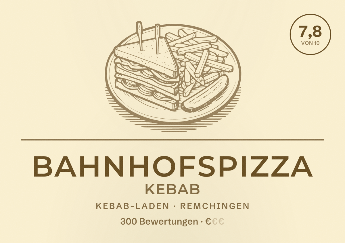 Illustriertes Poster von Bahnhofspizza Kebab, Kebab-Laden in Remchingen: Bewertung 7,8 von 10 aus 300 Bewertungen, Preisniveau €