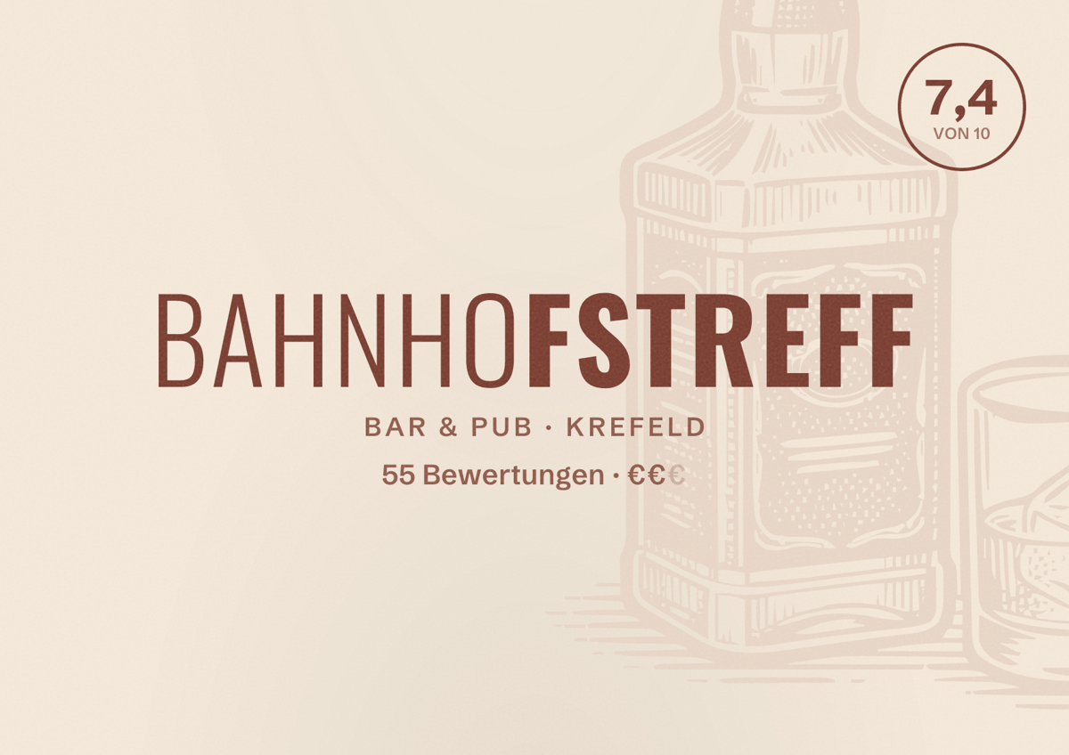 Illustriertes Poster von Bahnhofstreff, Bar & Pub in Krefeld: Bewertung 7,4 von 10 aus 55 Bewertungen, Preisniveau €€
