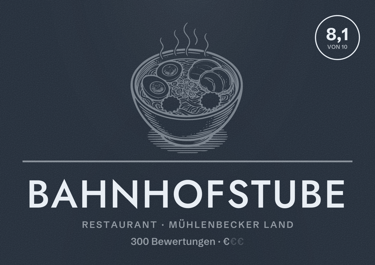 Illustriertes Poster von Bahnhofstube, Restaurant in Mühlenbecker Land: Bewertung 8,1 von 10 aus 300 Bewertungen, Preisniveau €