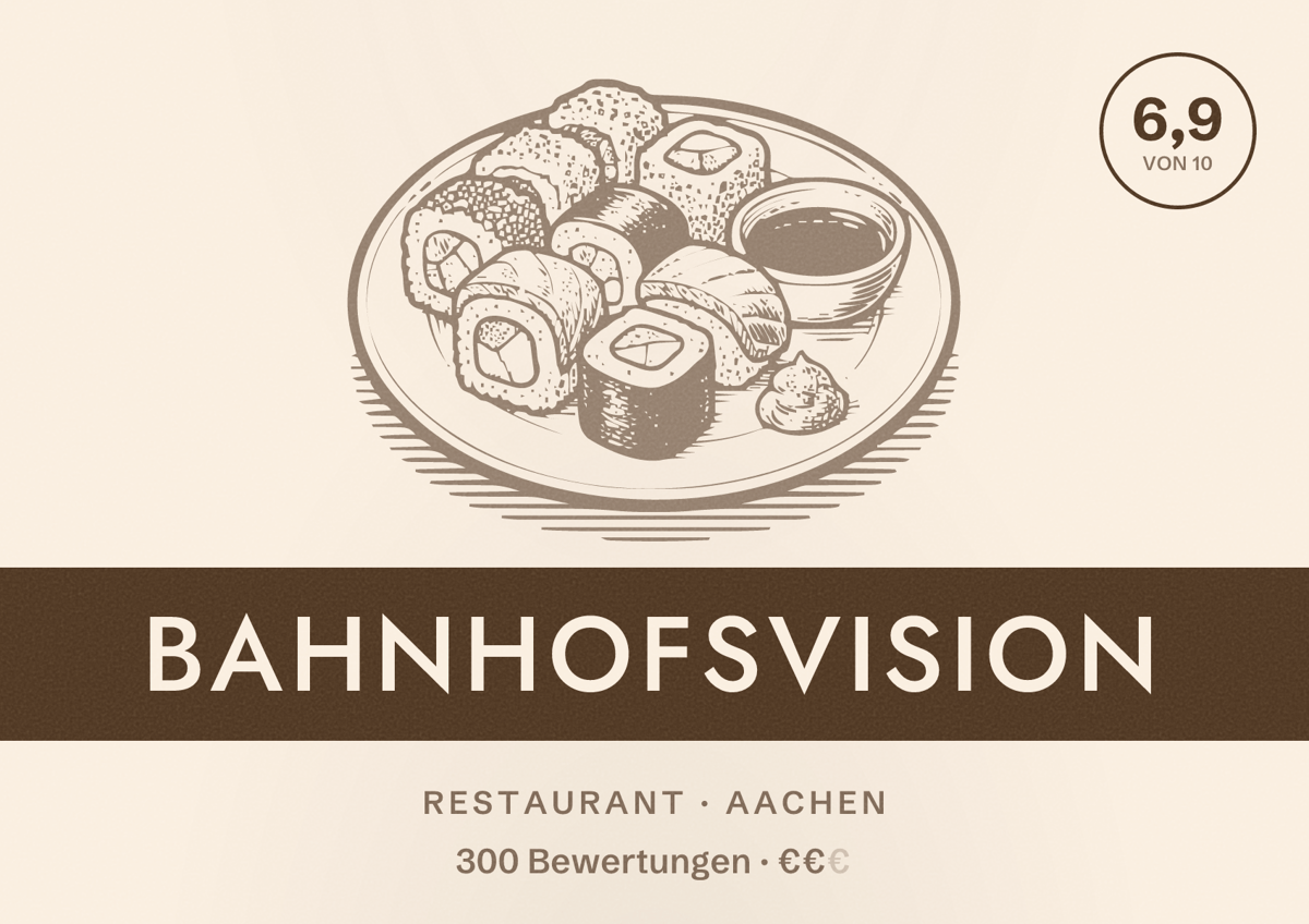 Illustriertes Poster von Bahnhofsvision, Restaurant in Aachen: Bewertung 6,9 von 10 aus 300 Bewertungen, Preisniveau €€